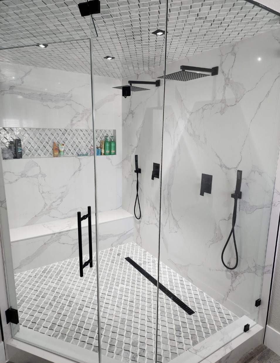 Walk-In Shower — Calacatta + Matte Black